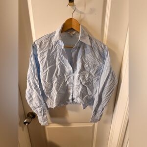 Light Blue Striped Cropped Button-Up Shirt